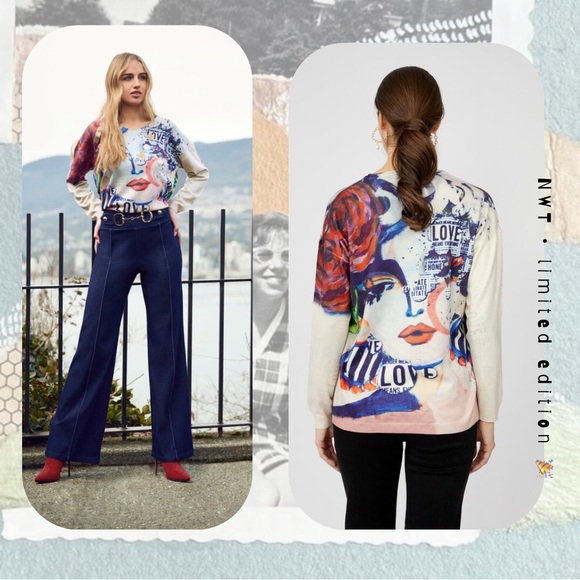 🆕 🎉 Frank Lyman multicolor abstract graffiti love v-neck knit pullover sweater - Picture 1 of 15